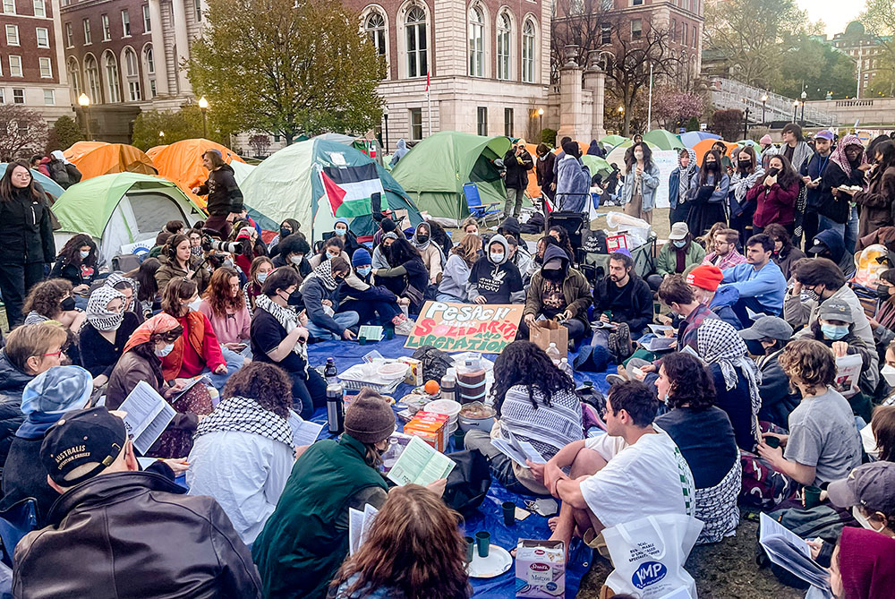 Pro-Palestinian Jewish students celebrate Passover in the “Gaza Solidarity” encampment at Columbia University in New York City on April 22. (NCR photo/Camillo Barone)