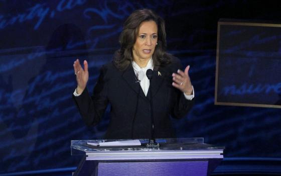 Democratic presidential candidate and U.S. Vice President Kamala Harris gestures during the  presidential debate with Republican presidential nominee and former U.S. President Donald Trump in Philadelphia Sept. 10. Harris will not attend the Oct. 17 Alfred E. Smith Memorial Foundation Dinner in New York, but she will send a prerecorded video message. (OSV News/Reuters/Brian Snyder)