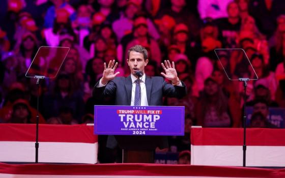 Tony Hinchcliffe gestures during a rally for Republican presidential nominee and former U.S. President Donald Trump at Madison Square Garden in New York City Oct. 27. 