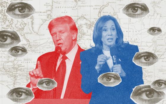 Collage illustration off eyes on a world map looking at Donald Trump and Kamala Harris (GSR illustration/Olivia Bardo; Donald Trump photo: OSV News/Reuters/Seth Herald; Kamala Harris photo: OSV News/Reuters/Kevin Mohatt)